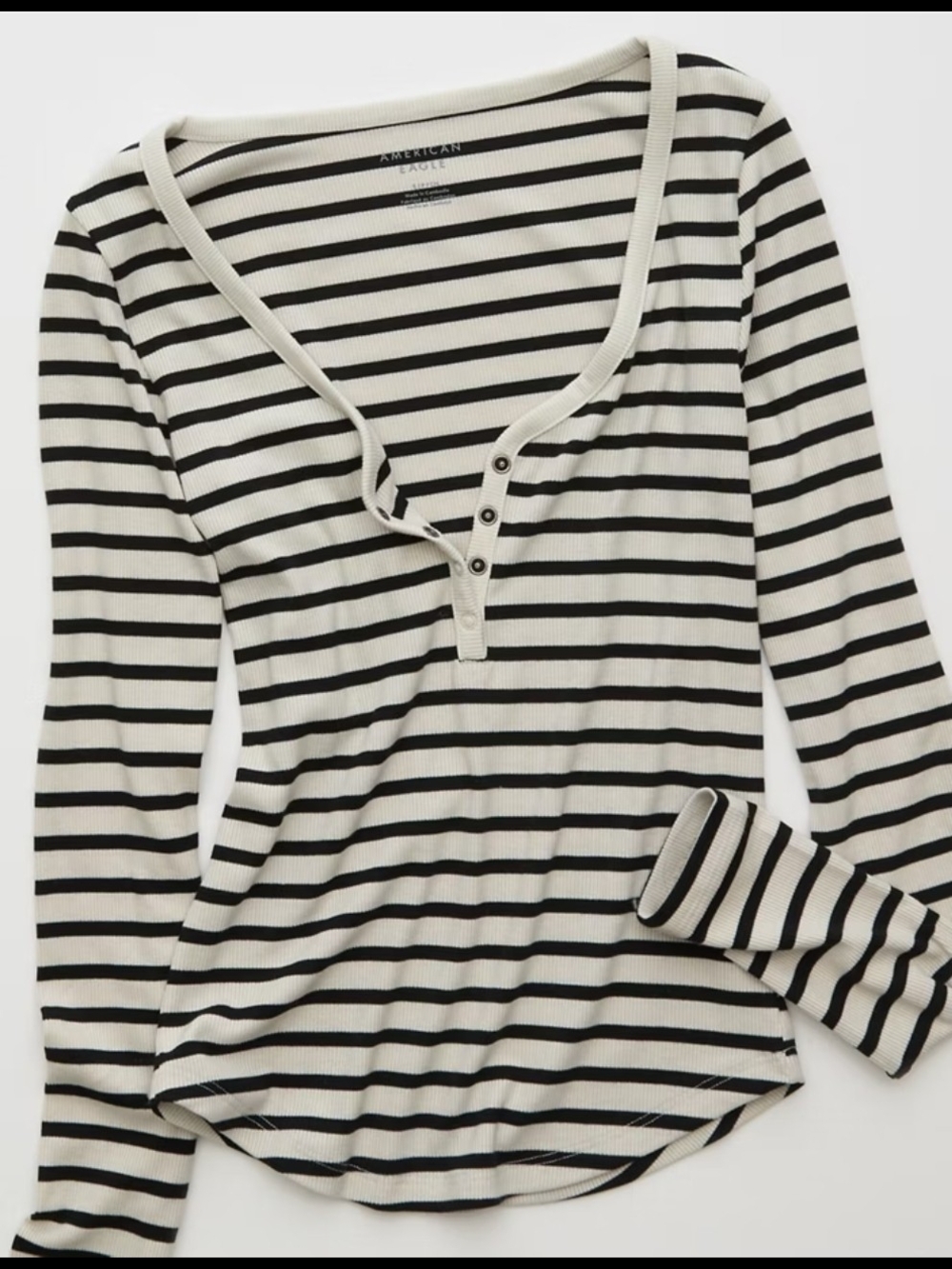 American Eagle Outfitters Black and White Striped Long-Sleeve Henley